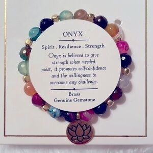 Brand New Onyx Brass Genuine Gemstone Beaded Stretch Bracelet Spirit Resilience